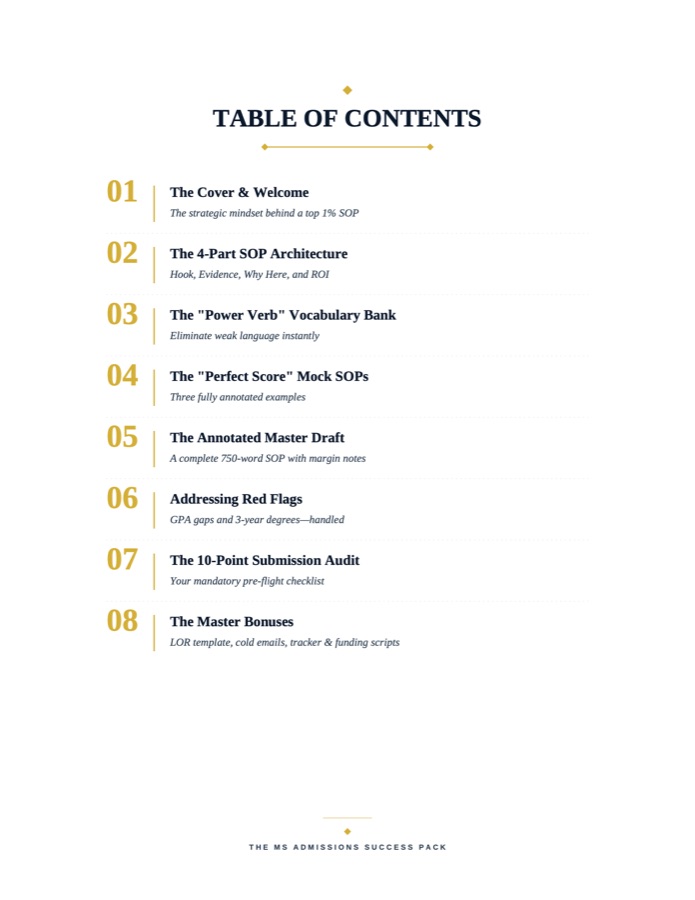 Page 2 of the PDF: Table of Contents listing all eight sections from The Cover & Welcome through The Master Bonuses.