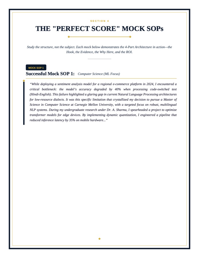 Page 6 of the PDF: Section 4, the first Successful Mock SOP for Computer Science with a Machine Learning focus.